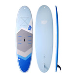 NSP 2026 Cruise Surfboard hellblau mit grauem Deck und blauem Unterwasserschiff, drei Ansichten
