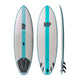 NSP 2026 Instigator 2.0 Surfboard in Weiß und Türkis, Draufsicht und Seitenansicht mit Finnen