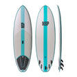 NSP 2026 Instigator 2.0 Surfboard in Weiß und Türkis, Draufsicht und Seitenansicht mit Finnen