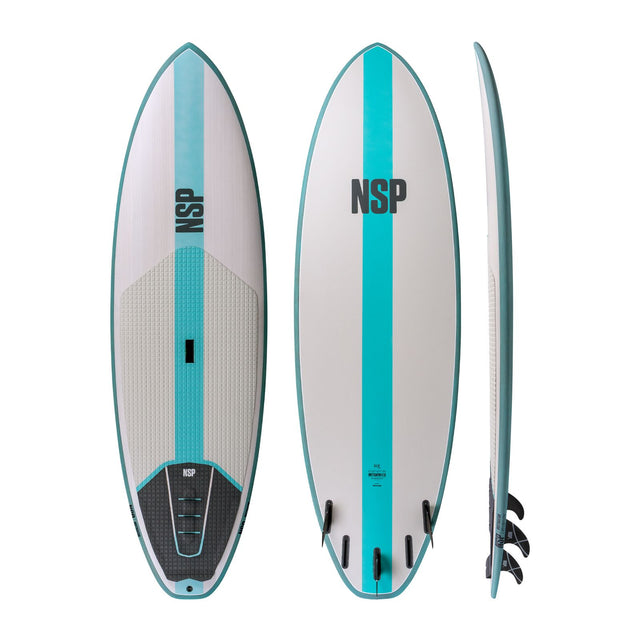 NSP 2026 Instigator 2.0 Surfboard in Weiß und Türkis, Draufsicht und Seitenansicht mit Finnen