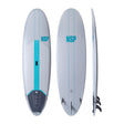 NSP 2026 High Roller Surfboard in Grau mit türkisem Streifen, Draufsicht und Seitenansicht
