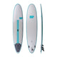 NSP 2026 High Roller Surfboard, weiß mit türkisem Rand und Logo, Draufsicht, Seiten- und Seitenansicht