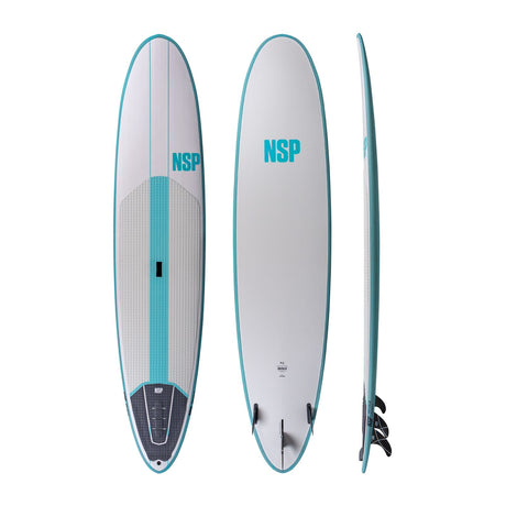 NSP 2026 High Roller Surfboard, weiß mit türkisem Rand und Logo, Draufsicht, Seiten- und Seitenansicht