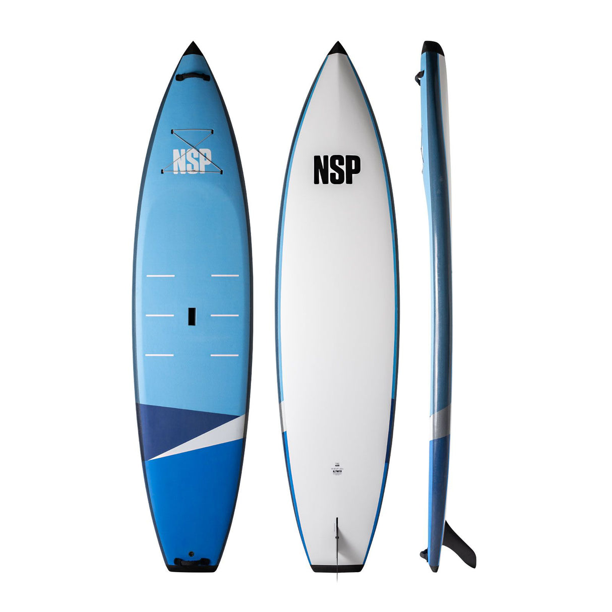NSP 2026 All Water SUP-Board in Blau-Weiß, Draufsicht und Seitenansicht, modernes Design mit Finne