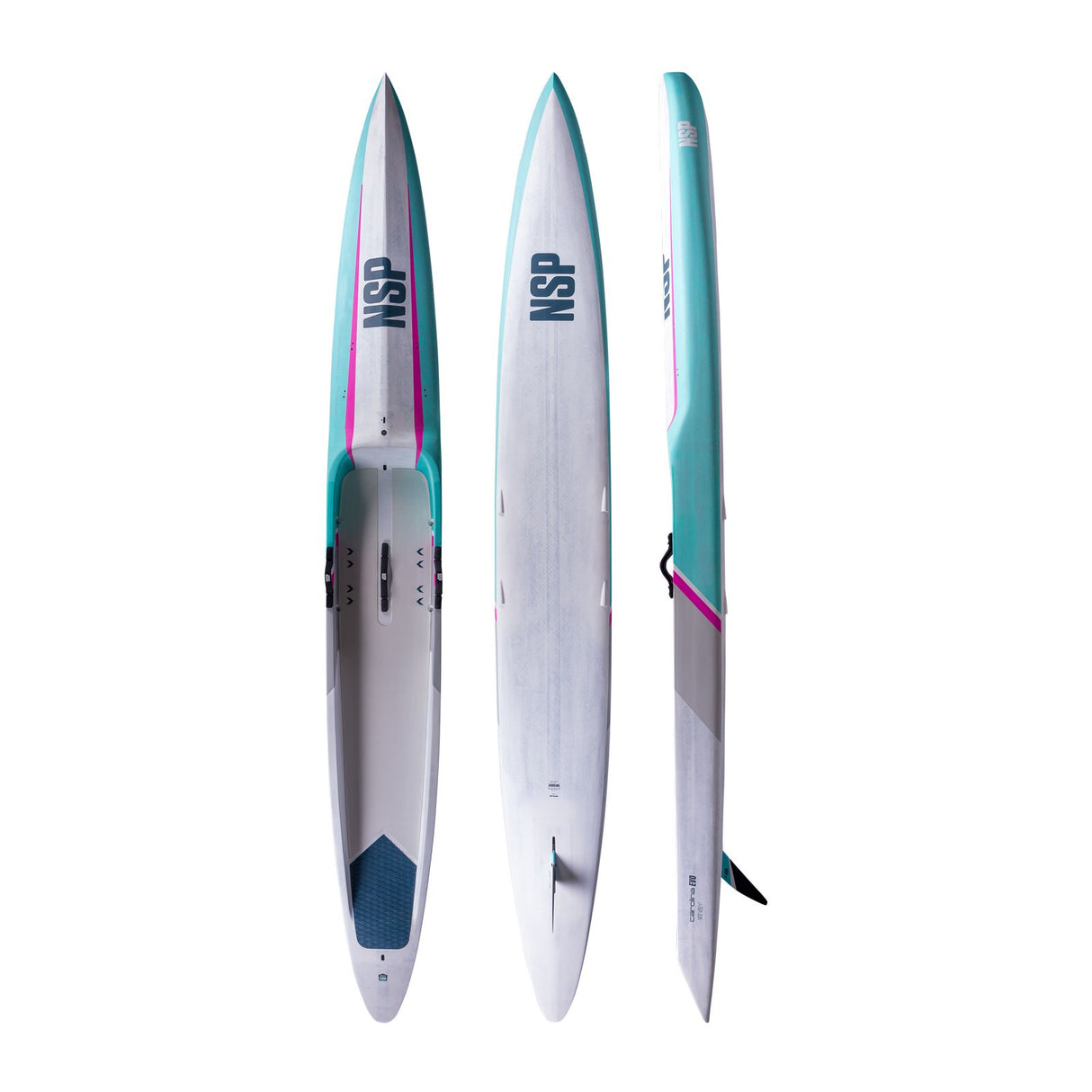 NSP 2026 Carolina Evo Surfboard in Weiß und Türkis, drei Perspektiven Seitenansicht, Performance Shortboard mit Mehrschicht-Konstruktion