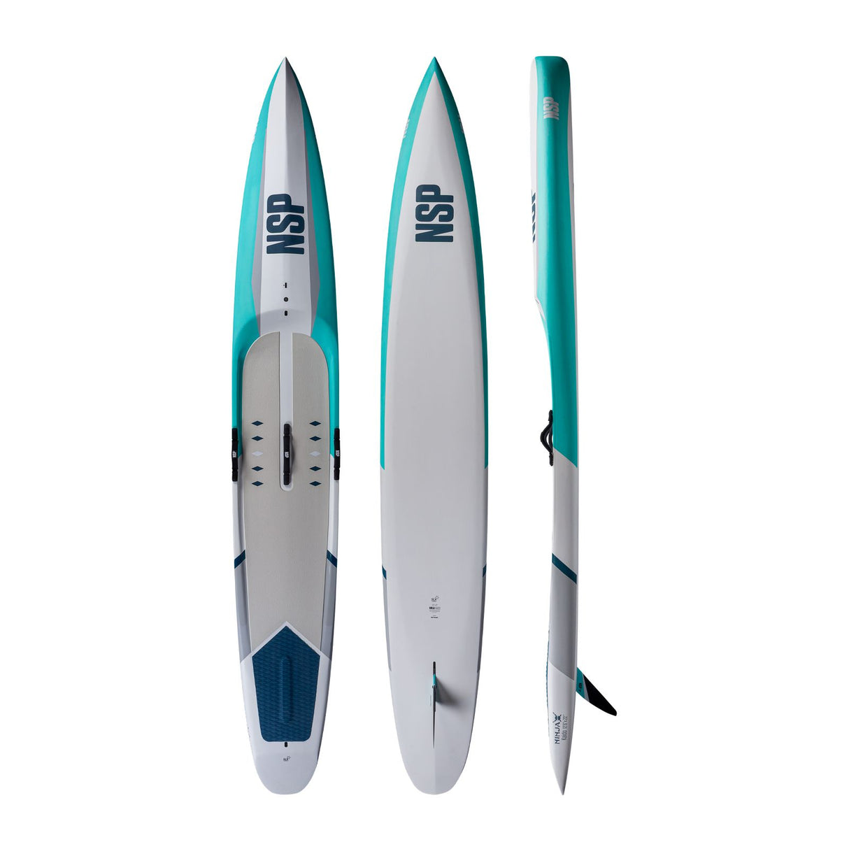 NSP 2026 Ninja Kaido Surfboard in Türkis und Grau, dreiansichtig von oben, unten und Seite