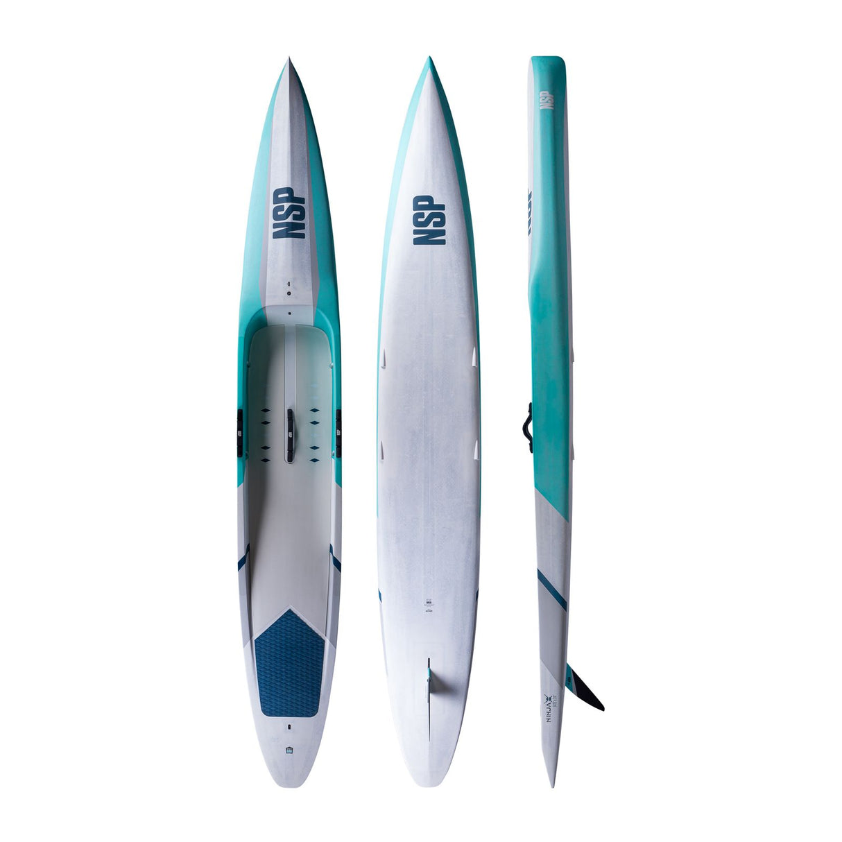 NSP 2026 Ninja Surfboard in Weiß und Türkis, drei Ansichten von oben, unten und Seite