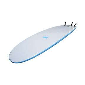 NSP 2026 Sundowner Longboard, weißes Surfboard mit blauer Kante, Draufsicht
