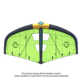 Duotone Unit SLS 2027 Kitesegel in Neon-Gelb und Schwarz, Draufsicht, mit gelber Verbindungsstange und blauem Griff