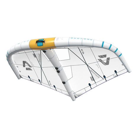 Duotone Unit SLS Concept Blue 2027 Kite mit weißem Tuch, gelbem und blauem Rahmen, Draufsicht