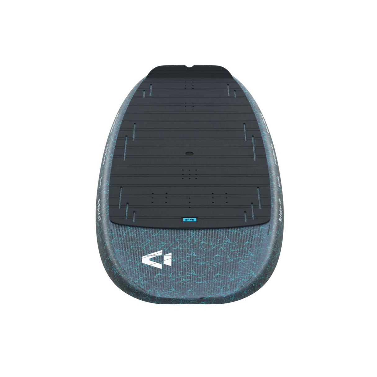 Duotone Sky Style SLS 2027 Kiteboard mit schwarzer Lauffläche und blauem Textilbereich, Draufsicht