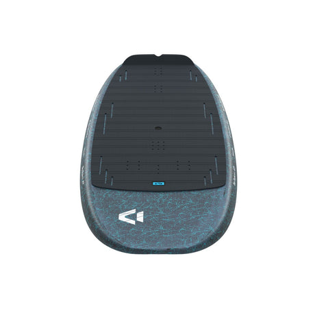 Duotone Sky Style SLS 2027 Kiteboard mit schwarzer Lauffläche und blauem Textilbereich, Draufsicht