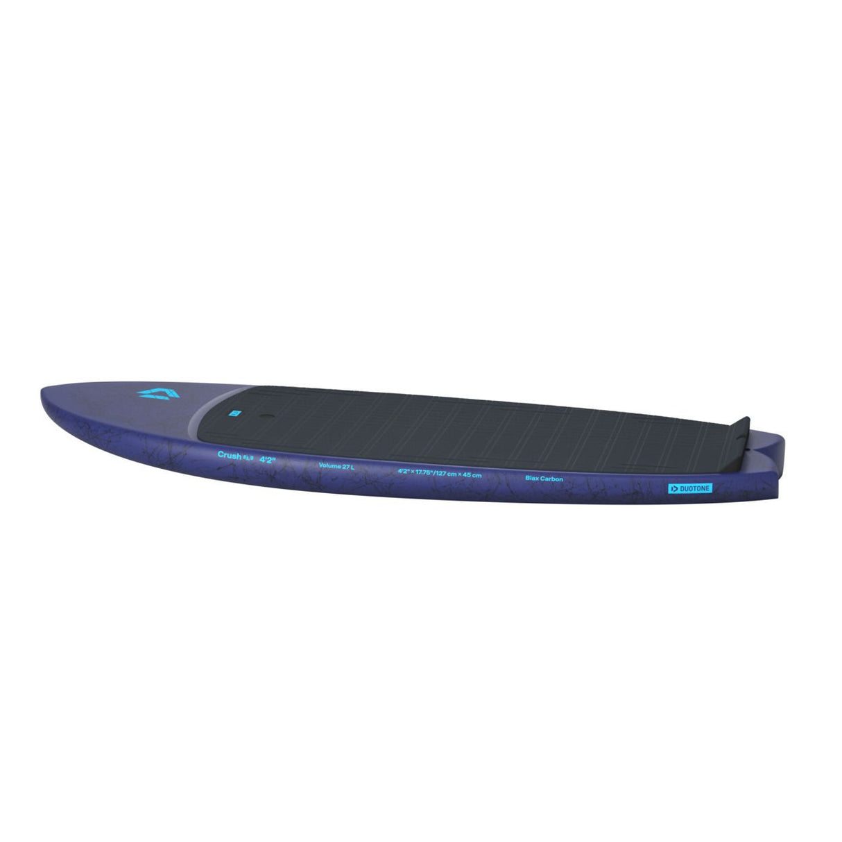 Duotone Crush SLS 2027 Kiteboard in Blau und Schwarz mit schwarzem Fußpad, Seitenansicht