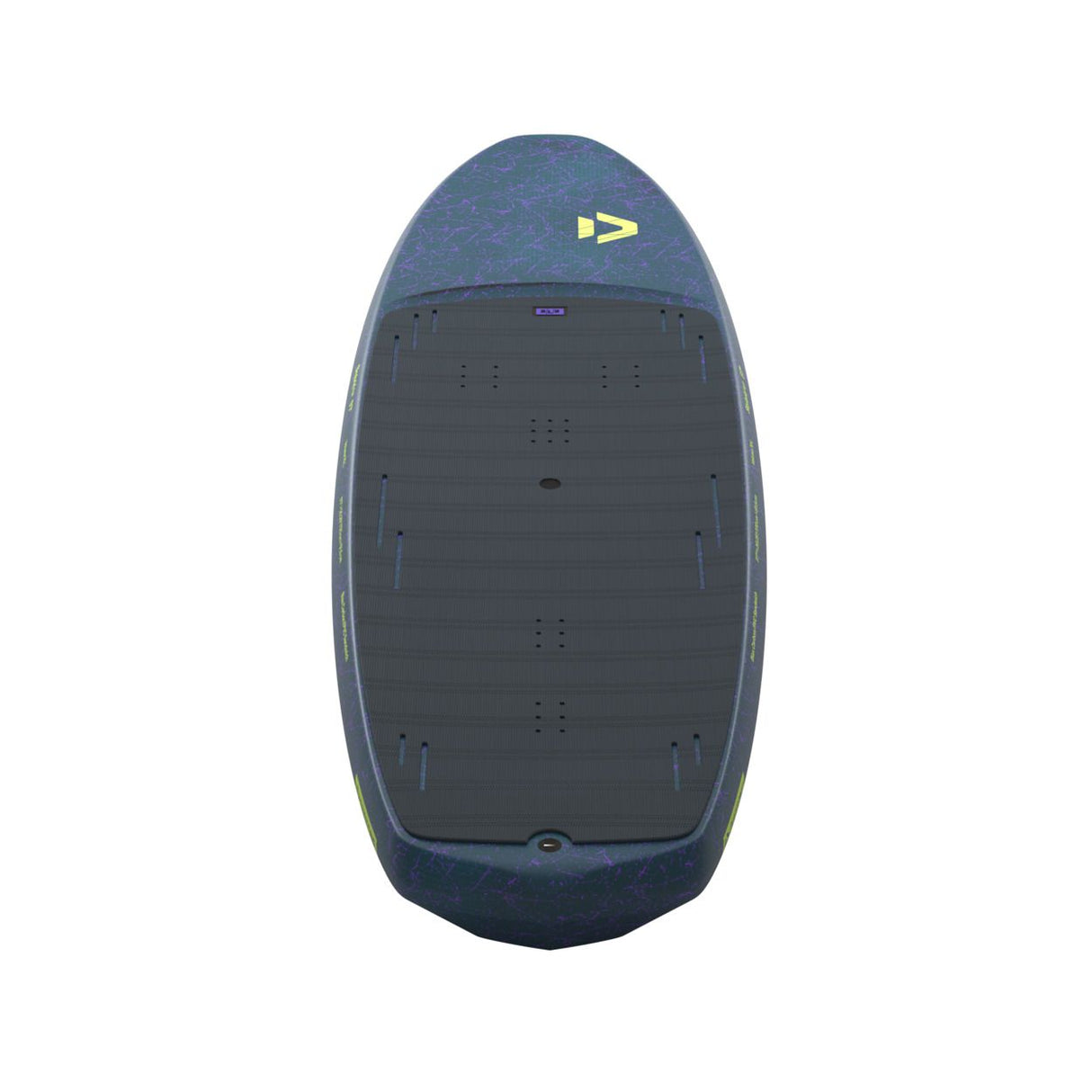 Duotone Skybrid SLS 2027 Kiteboard Blaugrau Oberseite mit Bindungspads und gelbem Logo