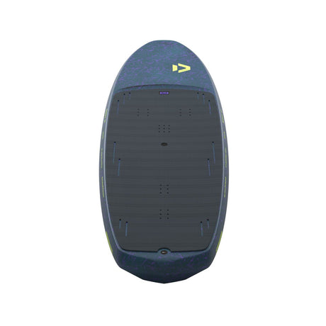 Duotone Skybrid SLS 2027 Kiteboard Blaugrau Oberseite mit Bindungspads und gelbem Logo