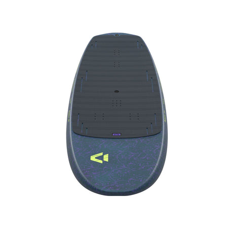 Duotone Skybrid SLS 2027 Kiteboard, Draufsicht, dunkelblau mit neongelben Details und strukturierter Oberfläche