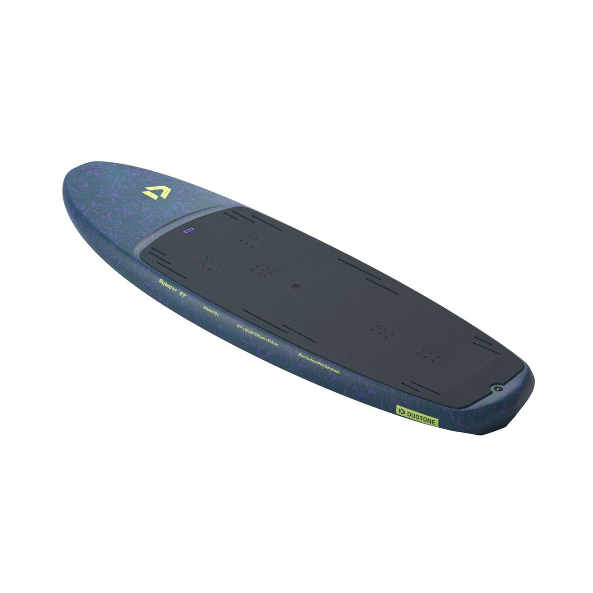 Duotone Skybrid SLS 2027 Kiteboard in Blau und Schwarz, Seitenansicht mit gelbem Logo und schwarzer Lauffläche