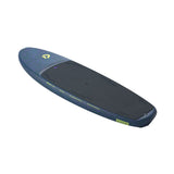 Duotone Skybrid SLS 2027 Kiteboard in Blau und Schwarz, Seitenansicht mit gelbem Logo und schwarzer Lauffläche