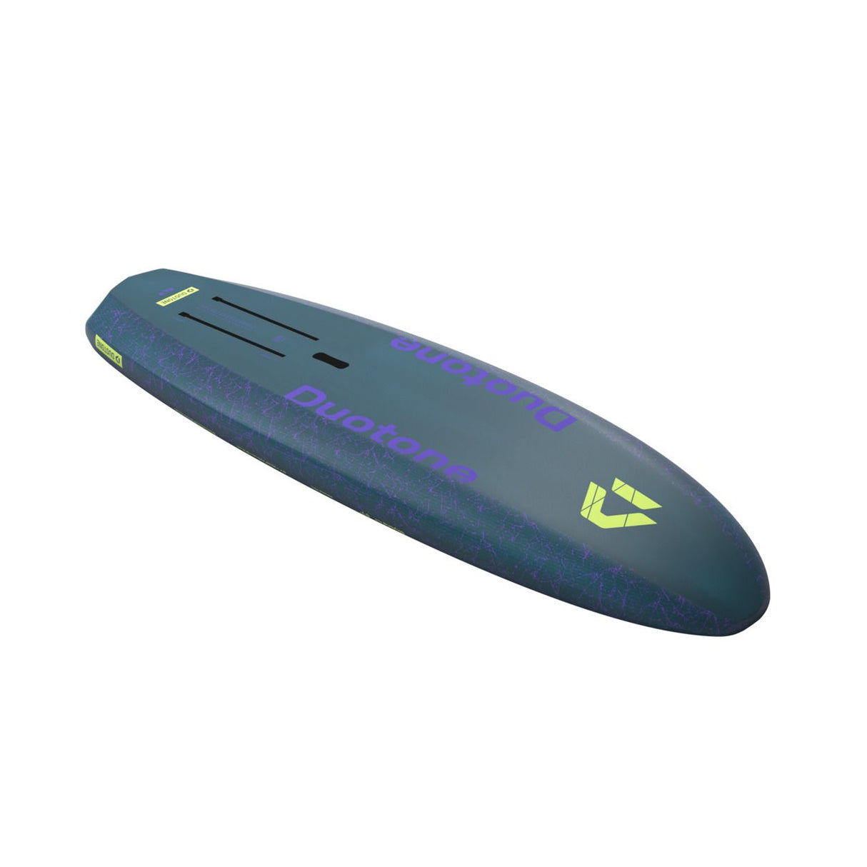 Duotone Skybrid SLS 2027 Kiteboard in Blau und Violett mit Neon-Akzenten, Seitenansicht