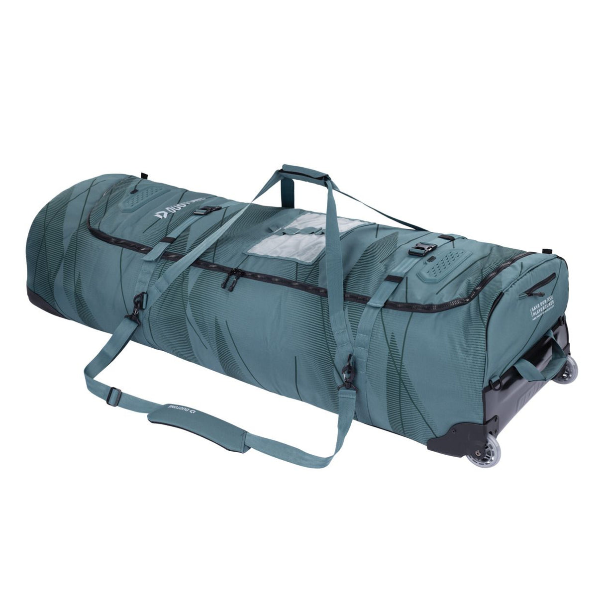 Duotone Team Bag 2027 Reisetasche in Blaugrau mit Rollen, Griffen und mehreren Fächern, Seitenansicht