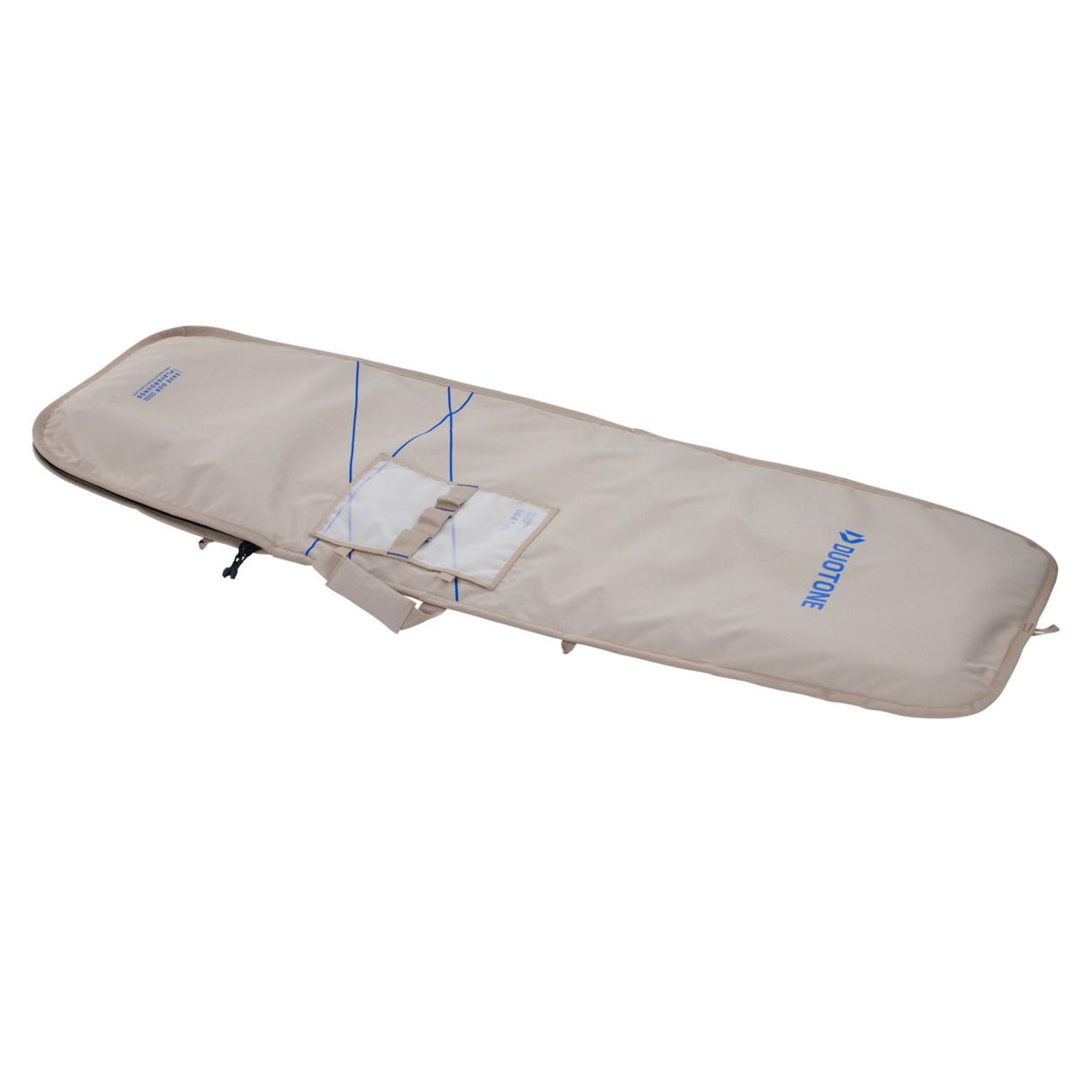 Duotone Boardbag Single Twintip 2027 in Beige mit blauem Logo, Schutztasche für Kiteboard, Draufsicht