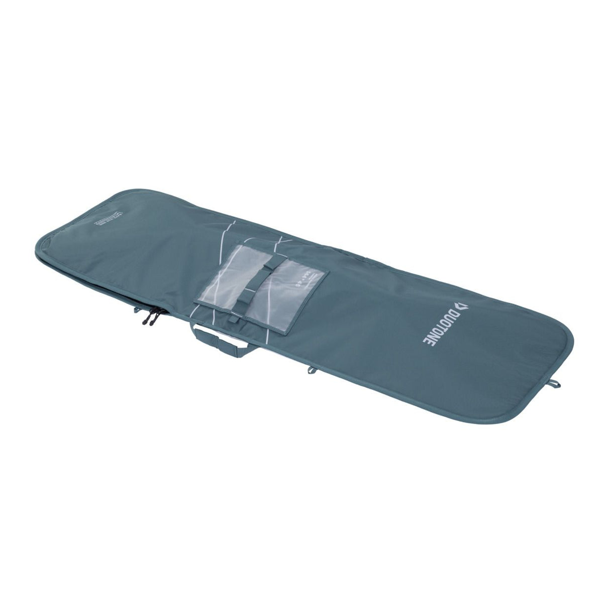 Duotone Boardbag Single Twintip 2027, dunkelblau mit transparenten Fenstern und Tragegriffen, Seitenansicht