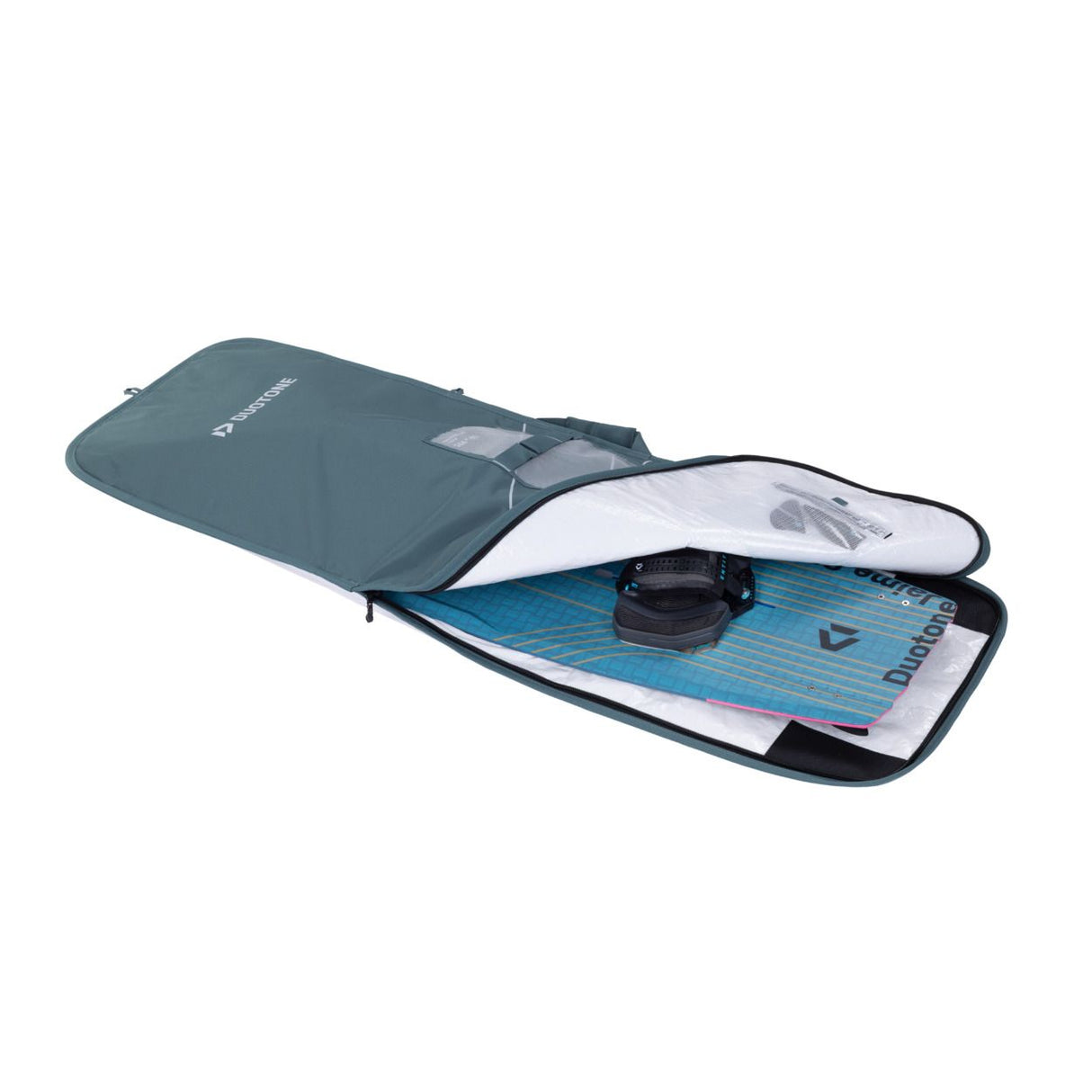 Duotone Boardbag Single Twintip 2027, grau-blau, gepolsterte Transporttasche mit geöffnetem Fach, zeigt blaues Twintip Board