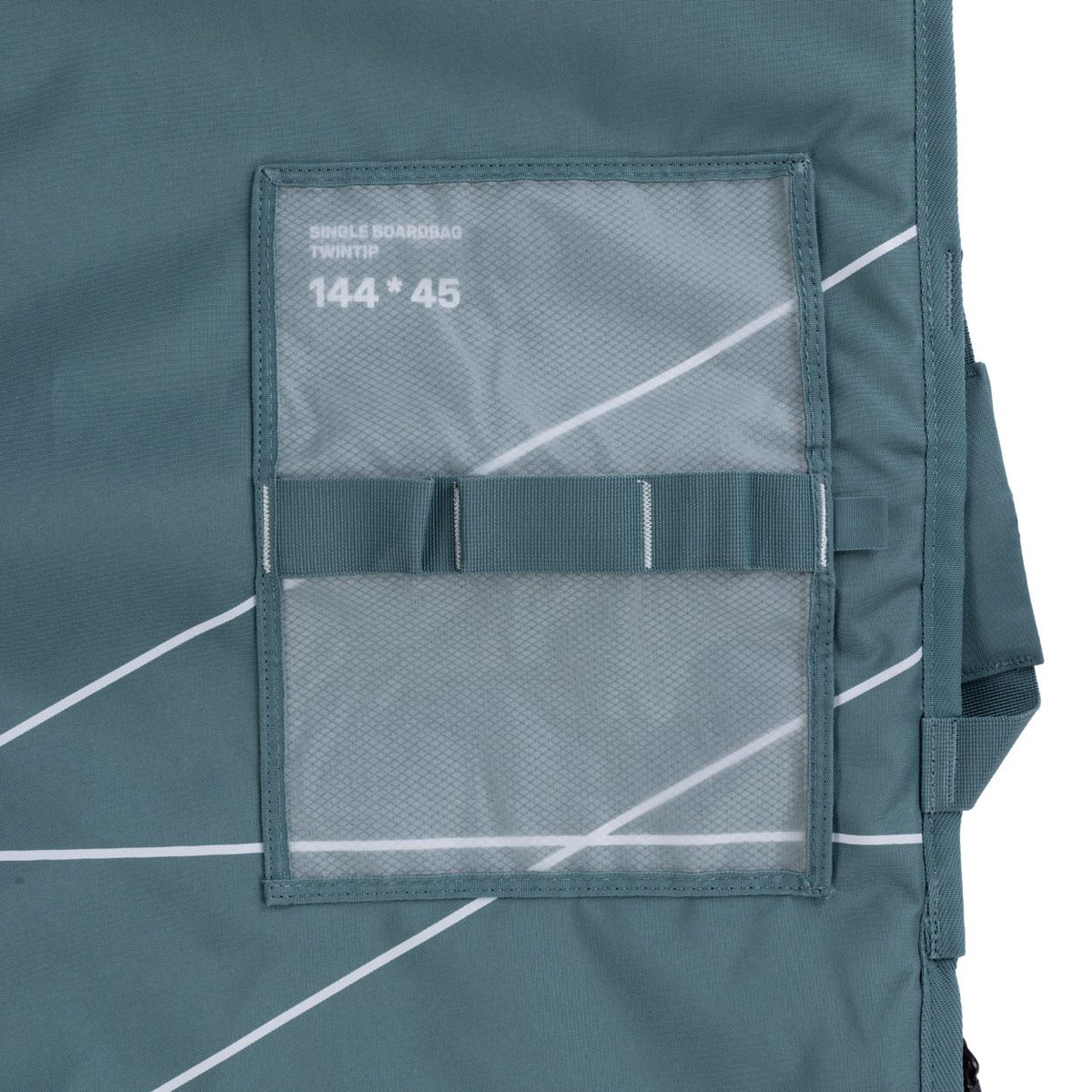 Duotone Boardbag Single Twintip 2027 in Grau mit transparentem Sichtfenster, Riemen und weißen Designlinien, Detailansicht