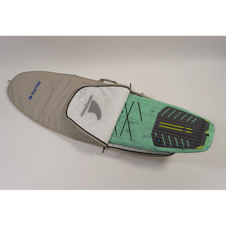 Duotone Boardbag Single Compact 2027 in Grau und Grün, Draufsicht auf geöffnete Kitebag mit Polsterung und Tragegriff