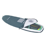 Duotone Boardbag Single Compact 2027 in Blaugrau mit weißem Innenfutter, offene Ansicht mit Kiteboard
