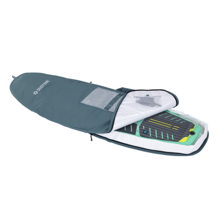 Duotone Boardbag Single Compact 2027 in Blaugrau mit weißem Innenfutter, offene Ansicht mit Kiteboard