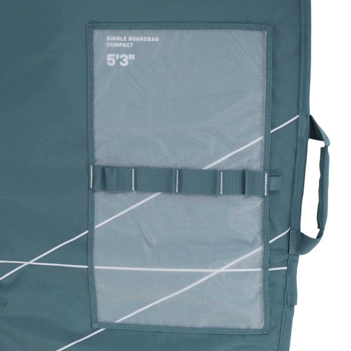 Duotone Boardbag Single Compact 2027 in Blaugrün mit Mesh-Fenstern und Tragegriffen, geöffnet von vorne