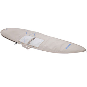 Duotone Boardbag Single Surf 2027, beige Schutzhülle mit weißen Pads und blauen Reißverschlüssen, Seitenansicht