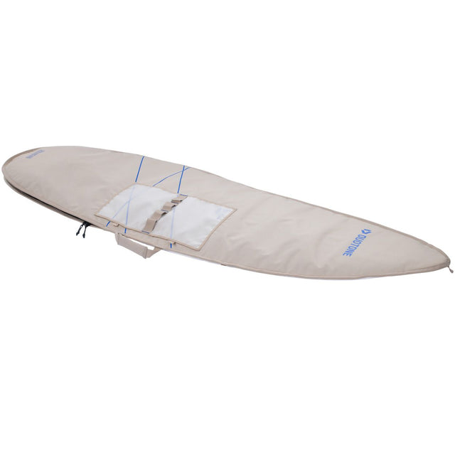 Duotone Boardbag Single Surf 2027, beige Schutzhülle mit weißen Pads und blauen Reißverschlüssen, Seitenansicht