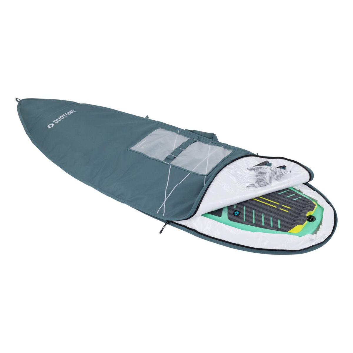 Duotone Boardbag Single Surf 2027, Schutztasche in Grau und Weiß mit gepolstertem Innenfutter, für ein Surfboard, Seitenansicht