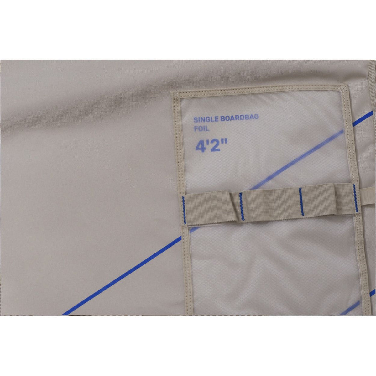 Duotone Single Boardbag Foil 4'2" in Weiß mit blauen Griffen und Beschriftung, Detailansicht