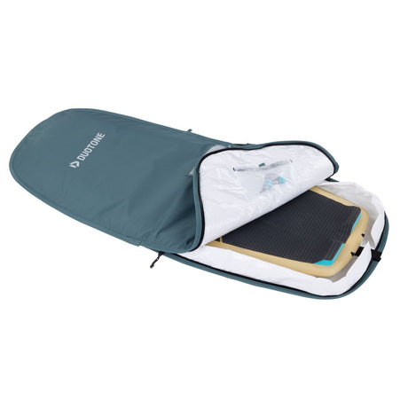 Duotone Boardbag Single Foil 2027 in Grün-Blau mit offener Klappe, zeigt gepolsterte Innenseite und Foilboard, Seitenansicht