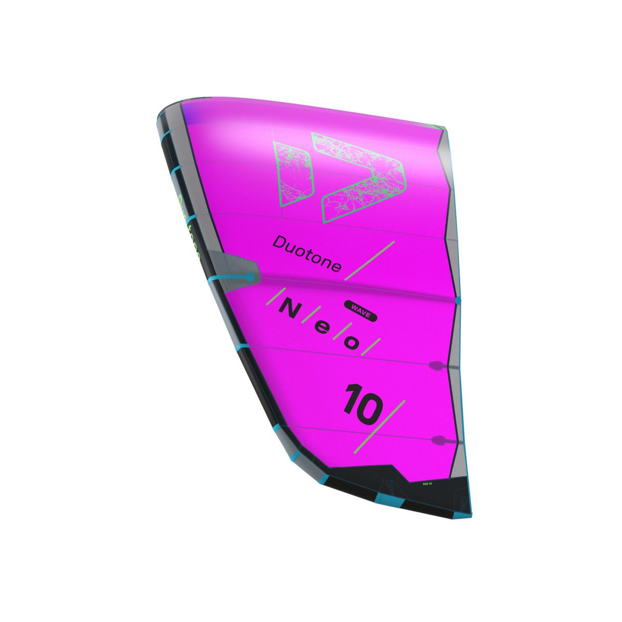 Duotone Neo 2027 Kitesegel in Magenta mit schwarzen Beschriftungen, seitliche Ansicht des aufgeblasenen Segels mit grauem Rahmen