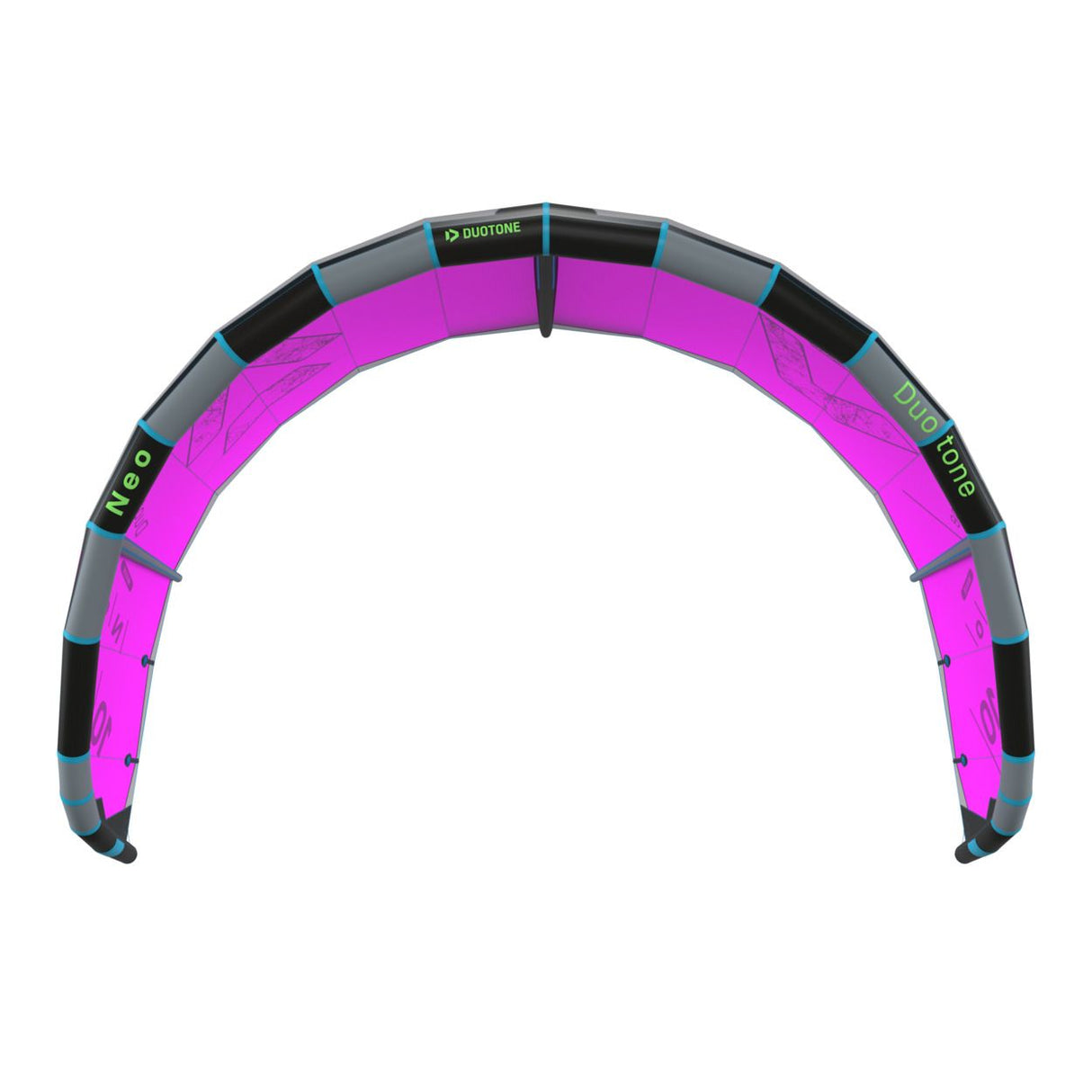 Duotone Neo 2027 Kite-Bladder in Magenta und Schwarz, Draufsicht auf die gebogene Struktur mit grauem Rahmen