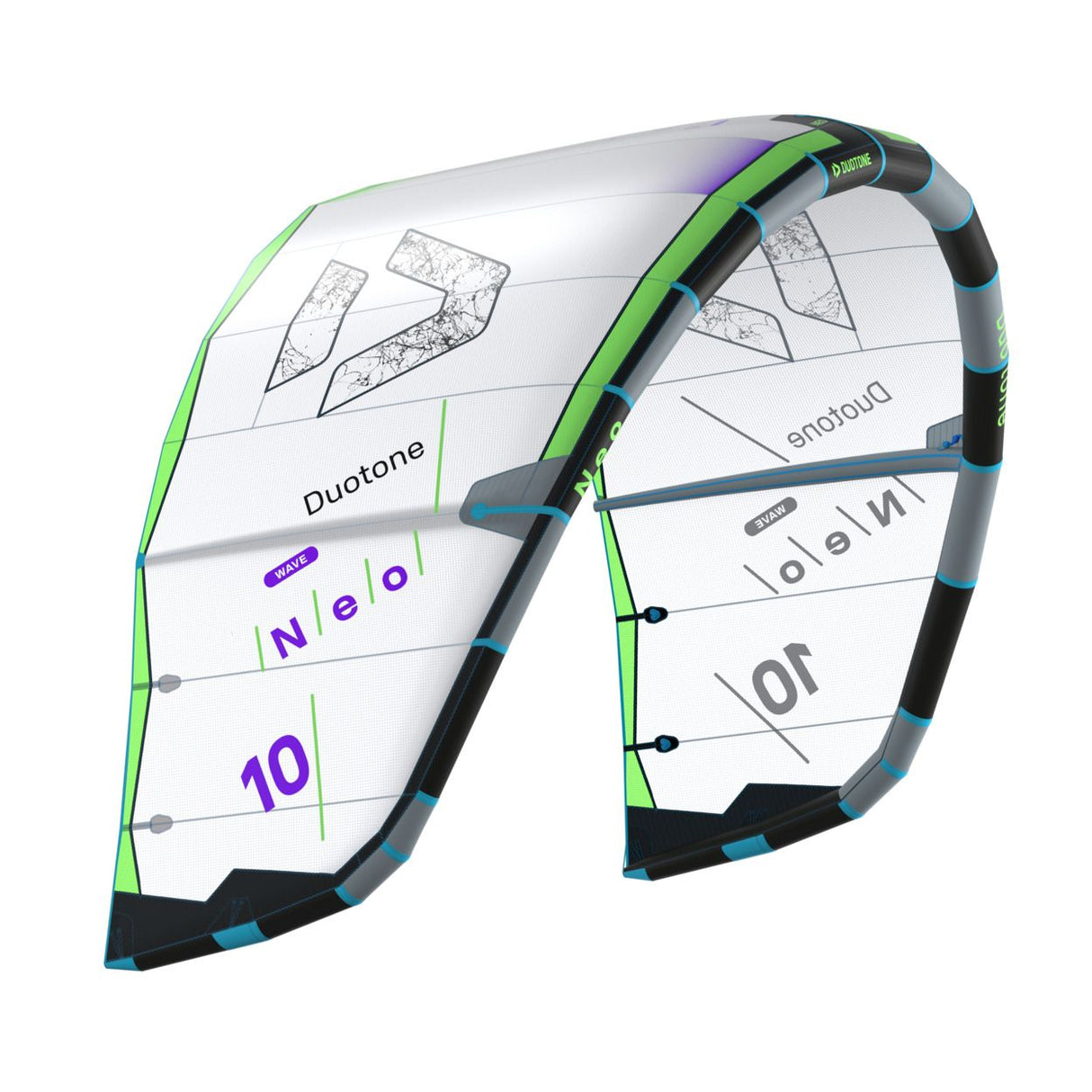 Duotone Neo 2027 Kitesegel weiß mit neongrünem und schwarzem Design, Frontalansicht