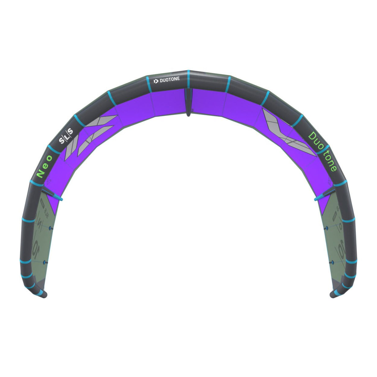 Duotone Neo SLS 2027 Lenkdrachen lila und grau, Frontalansicht der aufgeblasenen Struktur