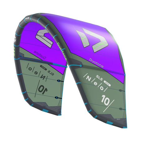 Duotone Neo SLS 2027 Kitesegel in Violett und Grau, Frontansicht mit schwarzen Streben und Ventilen