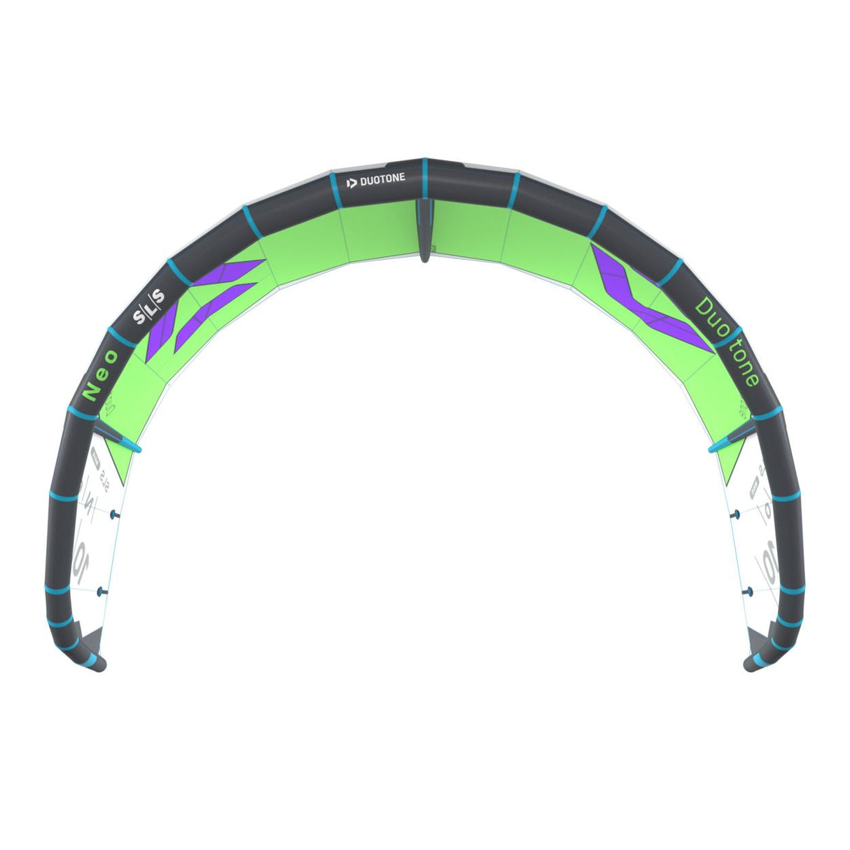 Duotone Neo SLS 2027 Kiteboard in Neongrün und Schwarz mit violetten Akzenten, Draufsicht