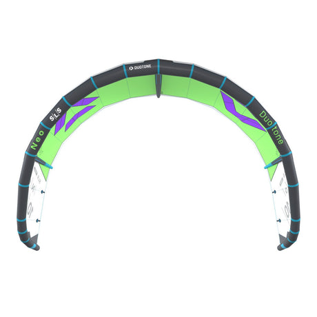 Duotone Neo SLS 2027 Kiteboard in Neongrün und Schwarz mit violetten Akzenten, Draufsicht