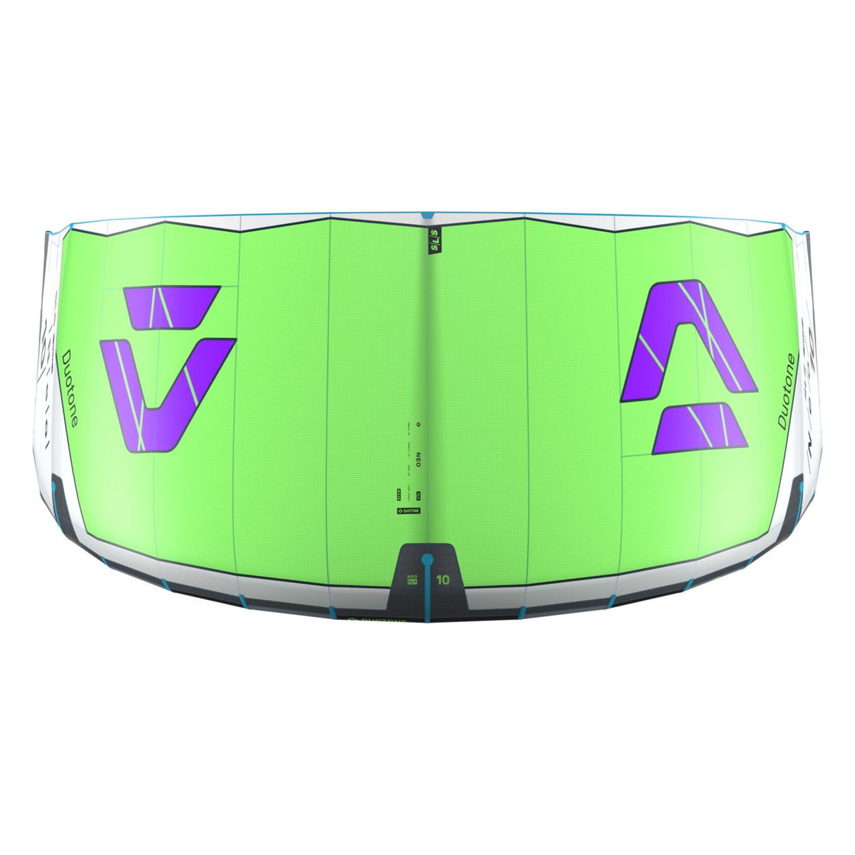 Duotone Neo SLS 2027 Kite in Neongrün mit violettem Logo, Draufsicht, Wassersport-Ausrüstung
