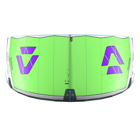Duotone Neo SLS 2027 Kite in Neongrün mit violettem Logo, Draufsicht, Wassersport-Ausrüstung