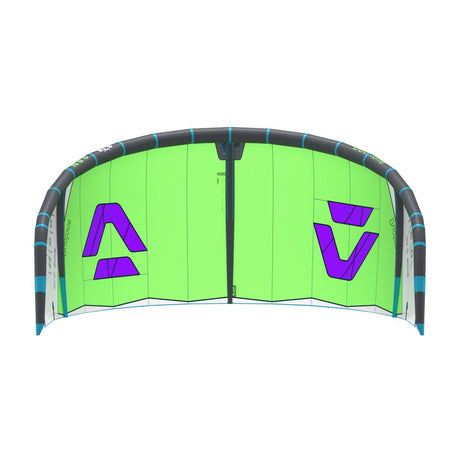 Duotone Neo SLS 2027 Kitesegel in Neongrün mit violetten Logos, Draufsicht