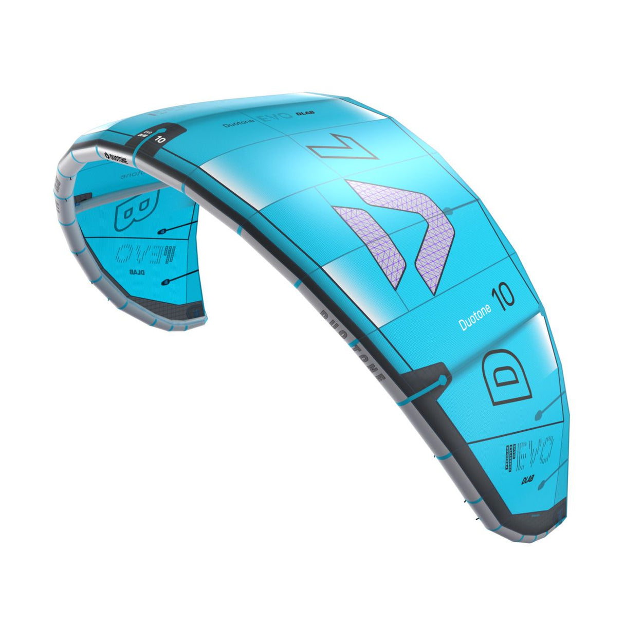 Duotone Evo D/LAB 2027 Kitesegel in Blau mit Rosa-Details, Draufsicht auf das aufgeblasene Segel