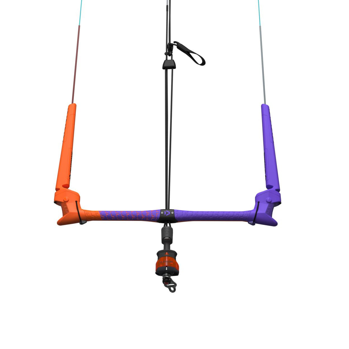 Duotone Trust Bar Quad Control 2027 Kitebar in Orange und Violett mit schwarzem Mast, Frontalansicht
