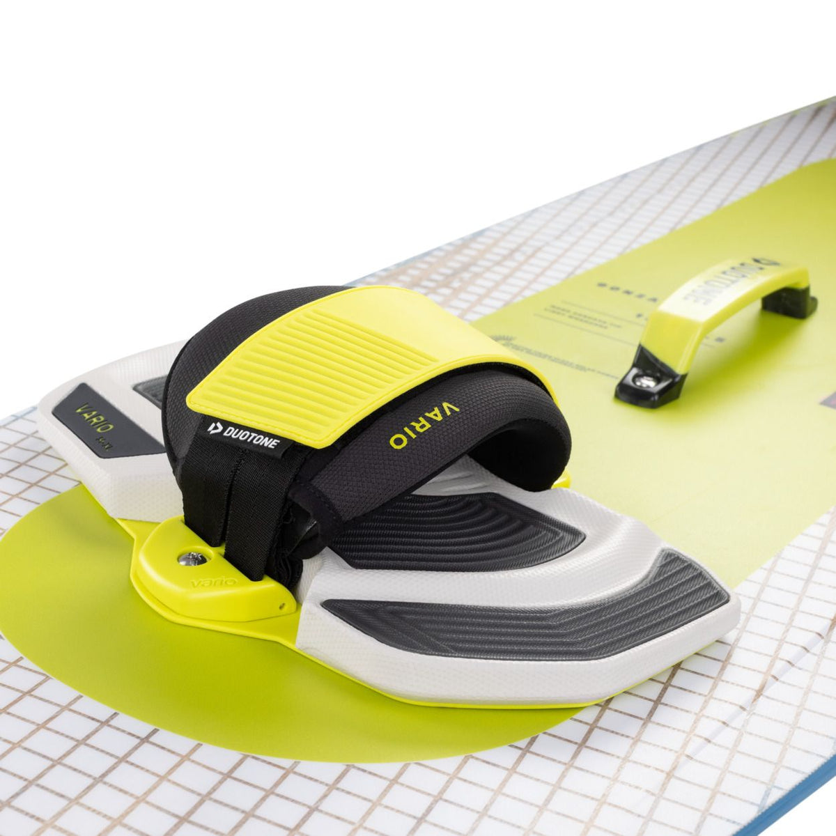 Duotone Vario Combo 2027 Kiteboard neongelb schwarz weiß mit Fußschlaufen Draufsicht